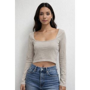 Babaton Sculpt Knit Squareneck Long Sleeve Crop Top Size Small Matte Pearl